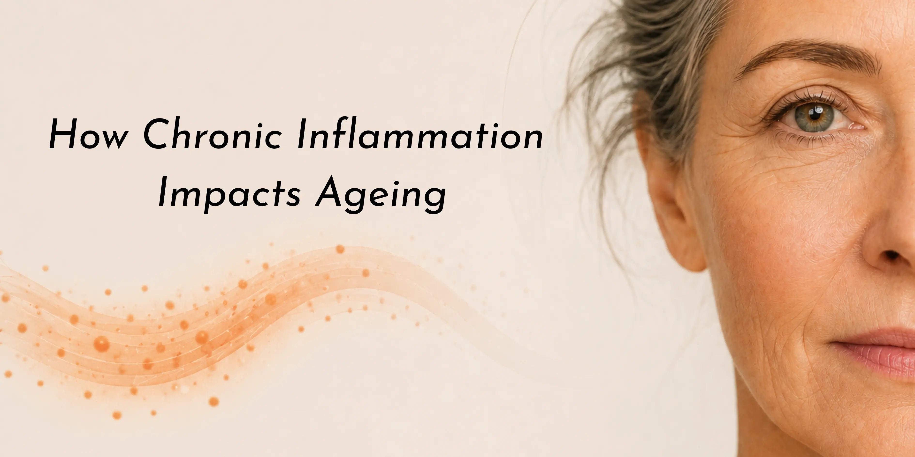 Illustration representing chronic inflammation and healthy ageing, showing a mature woman with abstract flowing elements symbolising cellular health, resilience and inflammation balance.