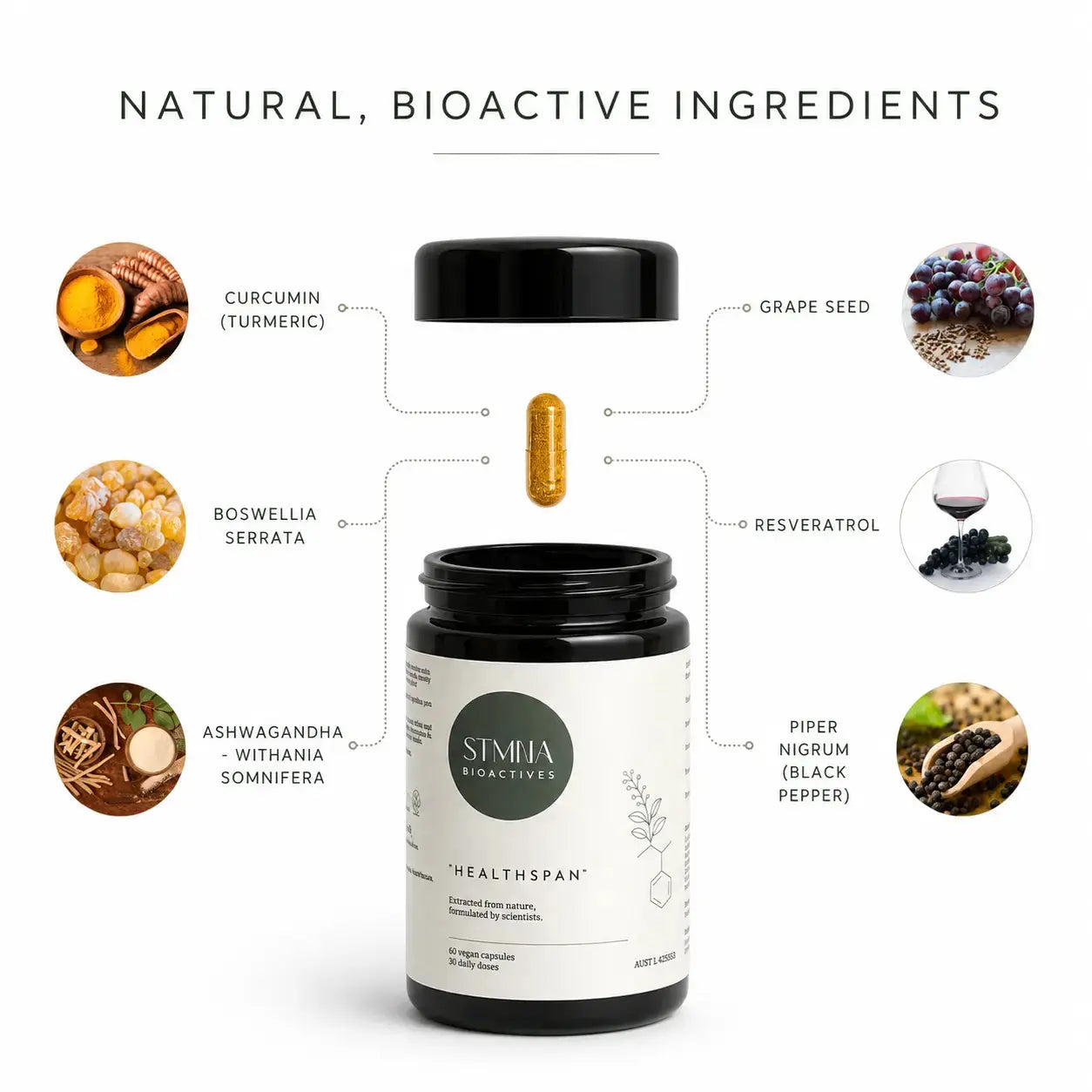 Healthspan Supplement bottle with natural ingredients labeled around it on a white background