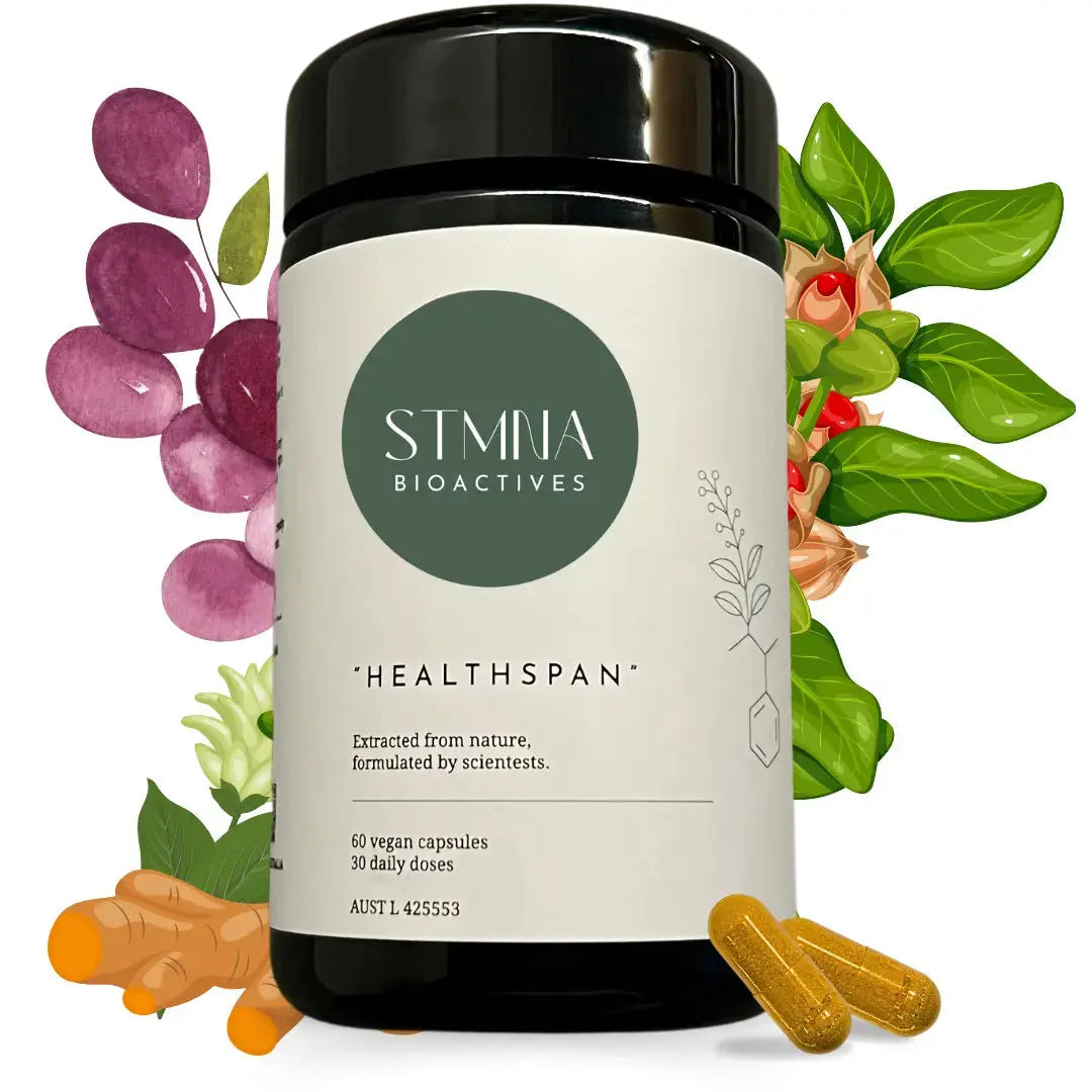 Supplement bottle labeled 'STMINA BIOACTIVES Healthspan' with natural elements around it on a white background
