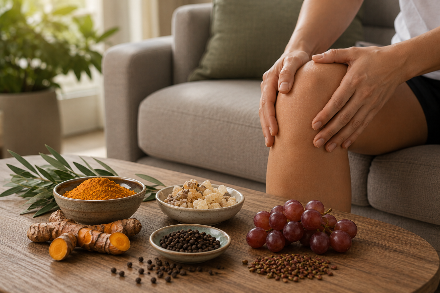 A person with inflammation on the couch and bioactive ingredients in front of them 