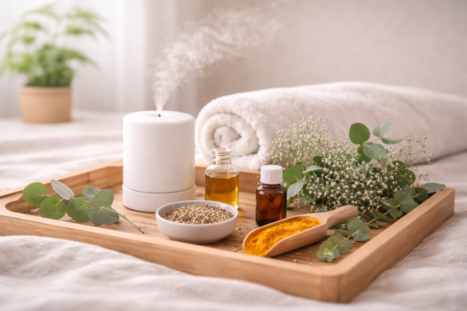 Tray with a candle, bottles, and herbs on a bed