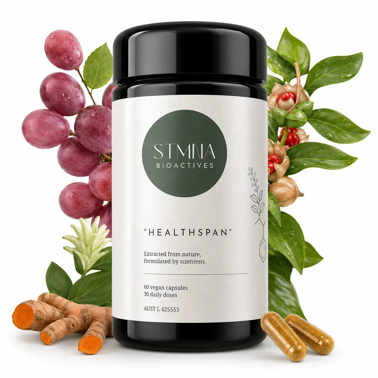 STMNA Bioactives Healthspan supplement bottle with grape, turmeric, ashwagandha on a white background with 2 orange capsules