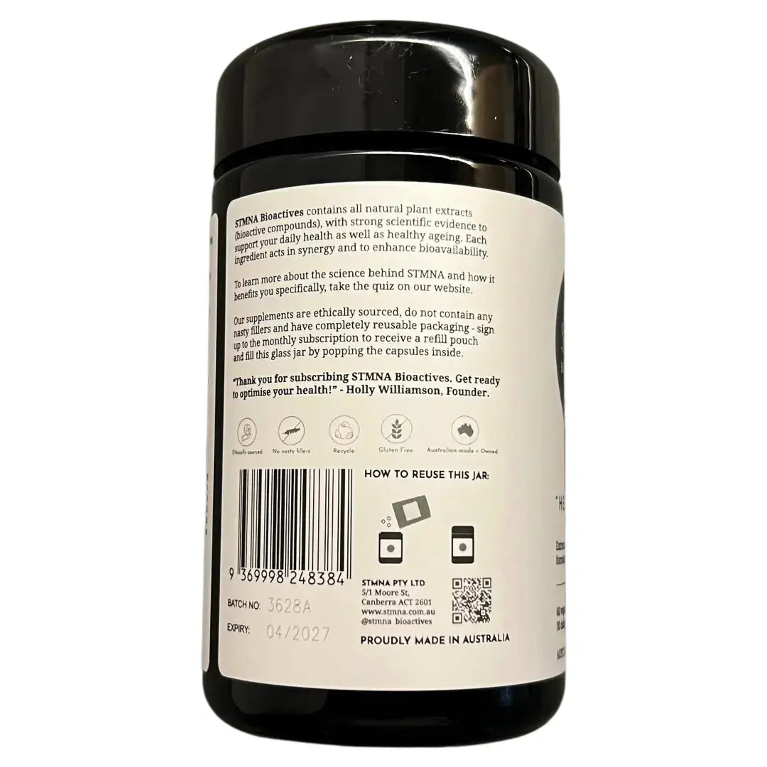 Back label of a supplement jar with text and branding on a white background