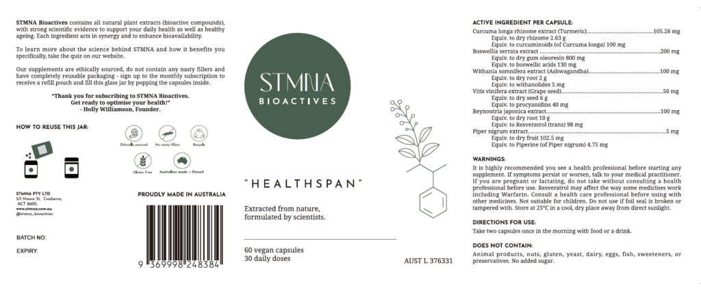 An image of the ingredients and dosage of STMNA Bioactives jar