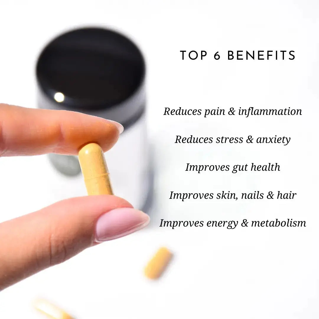Hand holding a supplement capsule with text listing top 6 benefits on a white background