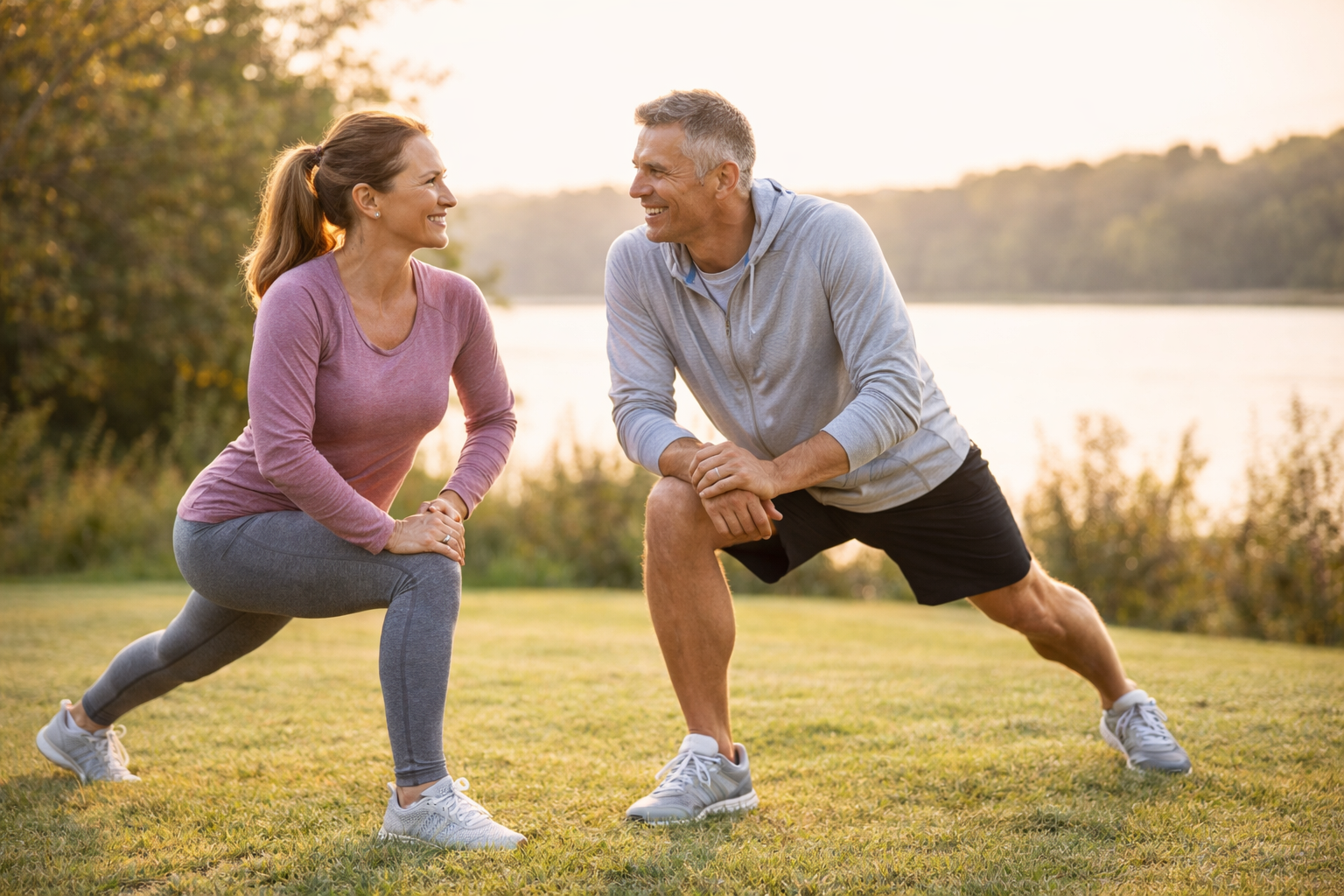 Man and woman stretching outdoors by a lake